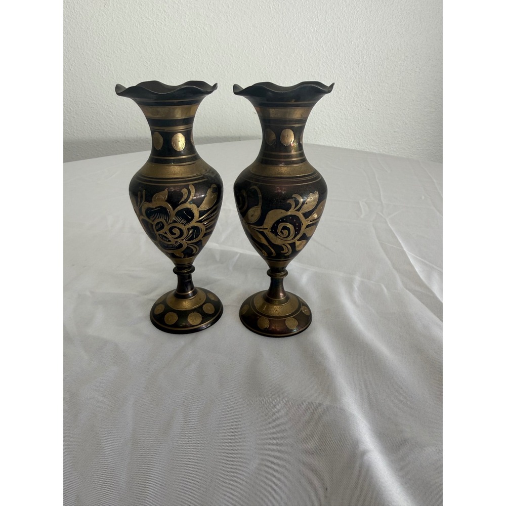 Vintage Pair Etched Brass Bud Vases Black Gold Floral Scalloped Rim 7 Inch